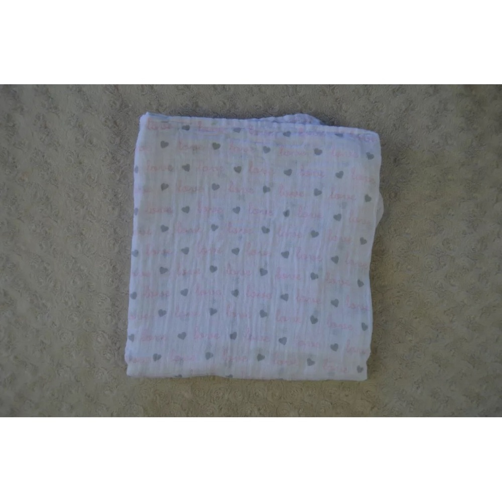 Just Born Love Gray Heart Baby Swaddle Blanket Pink White Muslin Cotton